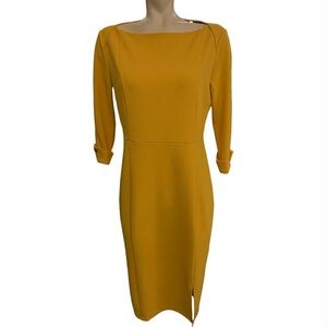 Allegra K Mustard Midi Sheath Dress with Boat Neck Size M